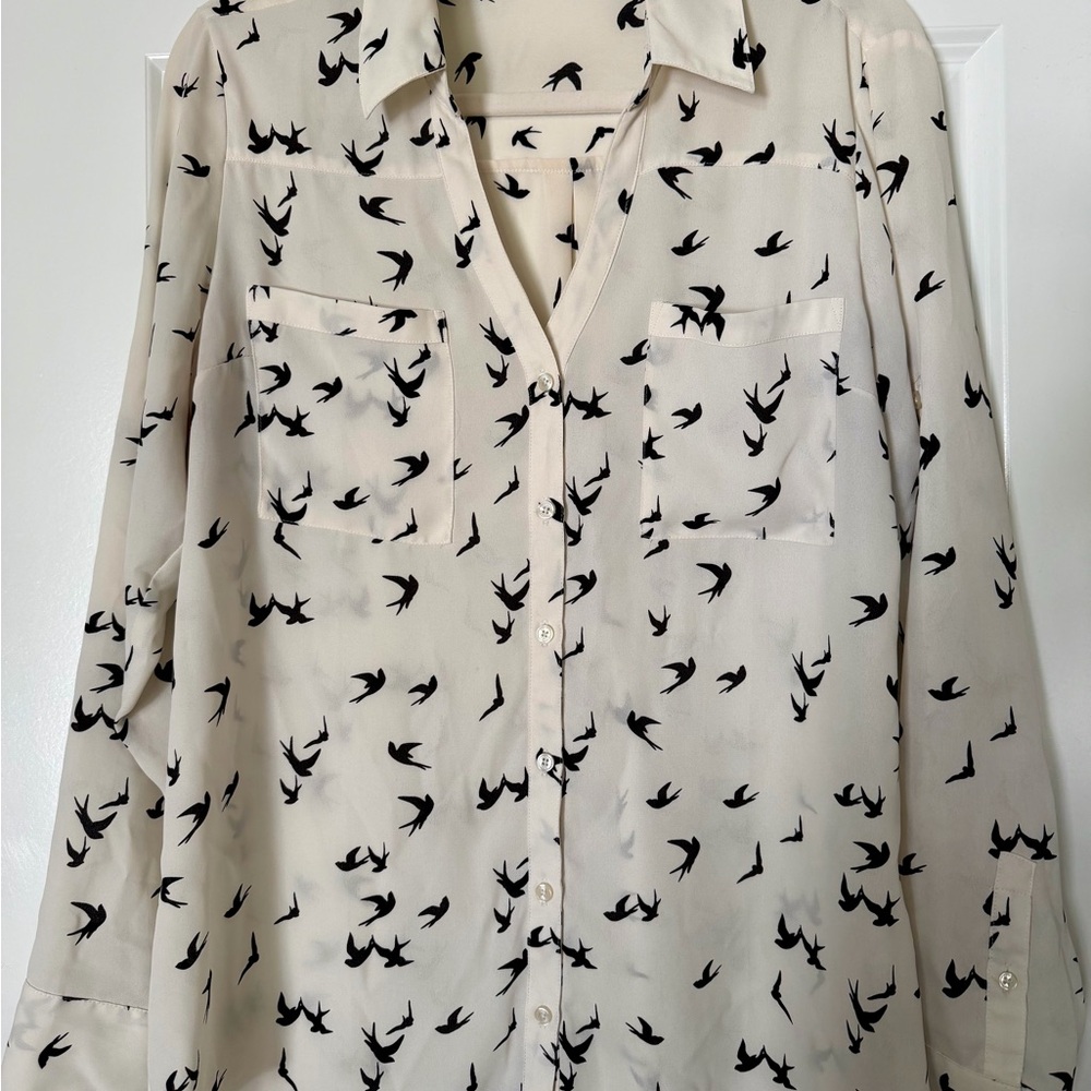 Express Cream and Black Bird Print Portofino Shirt